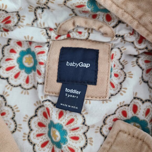 Baby Gap Toddler Girls Tan Hooded Peacoat Jacket with Floral Lining Size 5 - Picture 11 of 14